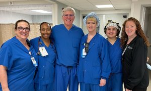Image caption: Kent Endoscopy Clinical Coordinator Maria Gainous, PACU Nurse Angela Hyatt, General Surgeon Edward Alexander, MD, Endoscopy Nurse Cheryl Swan, Anesthesiologist Akshatha Kamath, MD, Bayhealth Gastroenterology Nurse Practitioner Megan Green, FNP-C Bayhealth Colorectal Screening